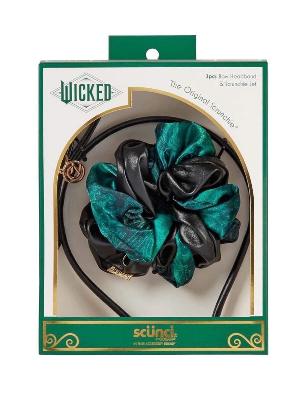 scunci Wicked Satin Green and Black Scrunchie + Bow Headband Set